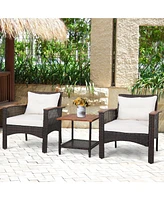Gymax 3PCS Patio Conversation Furniture Set Pe Rattan Sofa Set W/Wood Top Table