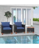Gymax 3PCS Patio Rattan Conversation Furniture Set Yard Outdoor w/ Navy Cushions