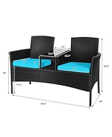 Gymax Rattan Wicker Patio Conversation Set w/ Table Turquoise Cushion