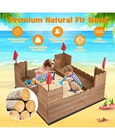 Gymax Solid Wood Kids Sandbox w/ 2 Bench Seats Outdoor Sandpit w/ Storage Box & Flags