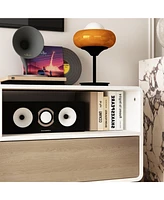 Tv stand with three compartments and three draws, wooden media consoles in white and wood colours, multi-purpose entertainment center