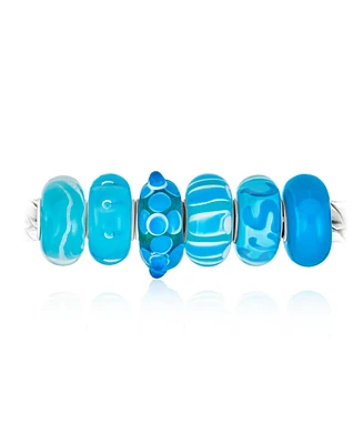 Bling Jewelry Mixed Set Of Bundle .925 Sterling Silver Core Translucent Shades Of Aqua Blue Green 3D Flower Murano Glass Swirl Charm Bead Spacer
