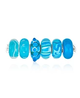 Bling Jewelry Mixed Set Of Bundle .925 Sterling Silver Core Translucent Shades Of Aqua Blue Green 3D Flower Murano Glass Swirl Charm Bead Spacer