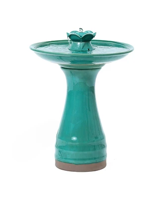 LuxenHome Aqua Glazed Ceramic 22-In Tall Birdbath Fountain