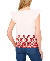 CeCe Women's Contrast Embroidered Cotton Cap-Sleeve Blouse