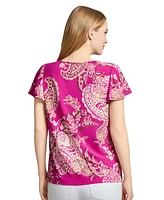 Jones New York Petite Paisley-Print Keyhole Flutter-Sleeve Top