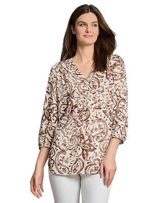 Jones New York Petite Printed V-Neck 3/4-Sleeve Blouse