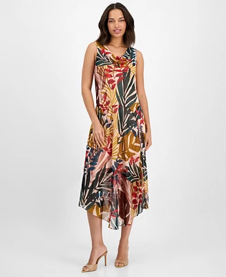 Robbie Bee Women's Printed Draped-Neck Asymmetric Dress