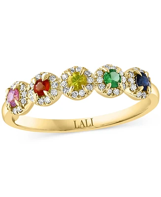 Multi Sapphire (0.29 ct. t.w.) & Diamond (0.15 ct. t.w.) Five Stone Halo Ring in 14k Gold