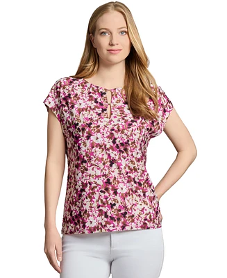 Jones New York Petite Floral-Print Keyhole Cap-Sleeve Top