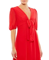 Mac Duggal Women's V Neck Bow Detail Flowy Midi Dress
