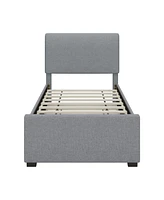 Twin Linen Platform Bed with Trundle, Padded Headboard, Grey