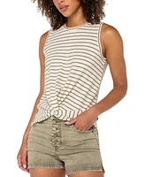 Liverpool Los Angeles Women's Striped Cotton Crewneck Twist-Front Sleeveless Top
