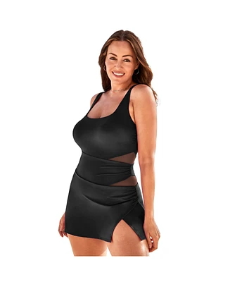 Swimsuits for All Plus Square Neck Mesh Cut Out Swimdress