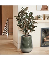 LuxenHome Emerald Ribbed Top with Ivory Bottom 20" Tall Resin Round Planter