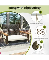 Single Rattan Porch Swing with Armrests Cushion and Hanging Ropes