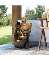LuxenHome Puppy Friends Farmhouse Resin Outdoor Fountain with Lights
