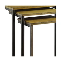 Set of Three Nested End Tables – Solid Wood Tops with Steel Frames for Industrial Home Style