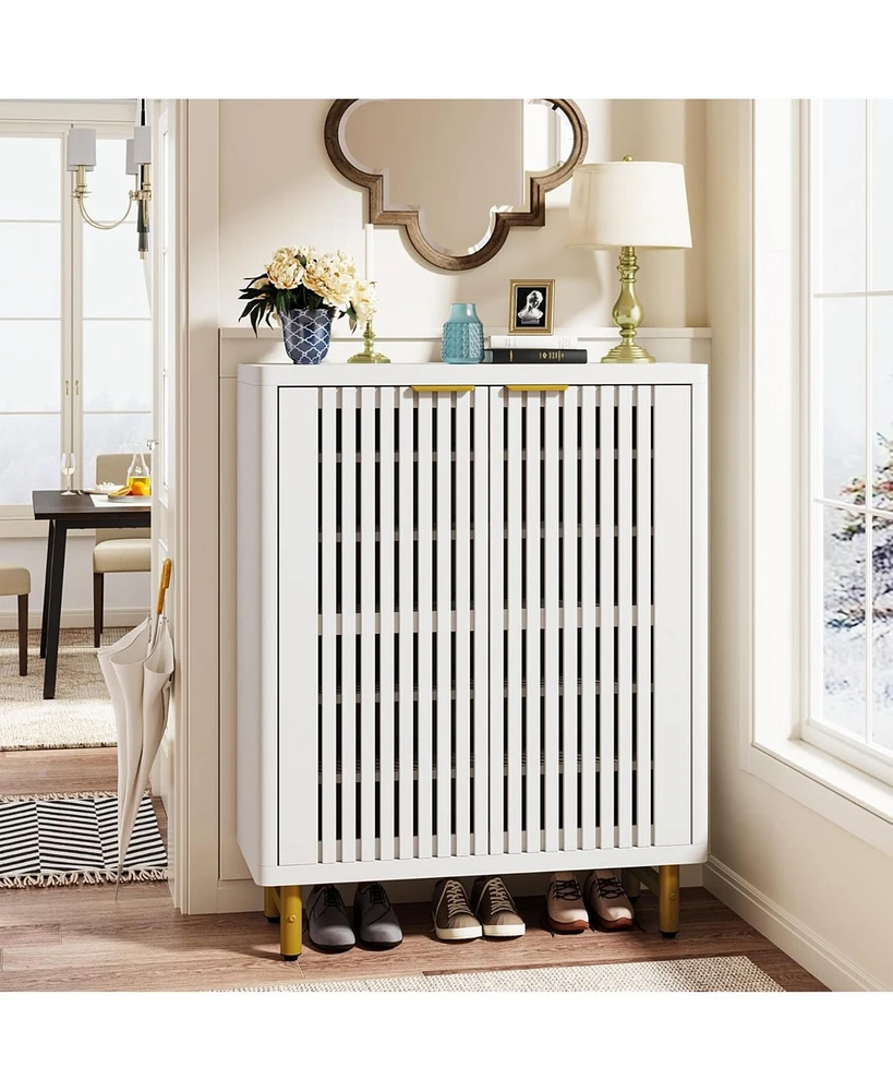 Tribesigns 6-Tier Shoe Cabinet with Shutter Doors, Modern Freestanding Organizer Adjustable Shelves, Large Wooden Storage Cabin