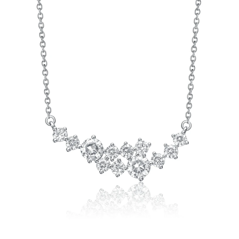 Sterling Silver White Gold Plated with Clear Moissanite Graduated Cluster Necklace