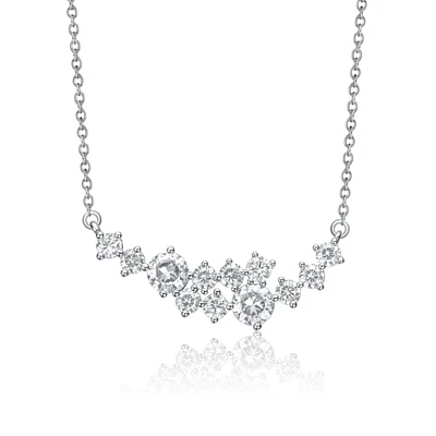 Sterling Silver White Gold Plated with Clear Moissanite Graduated Cluster Necklace