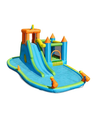 Inflatable Water Slide with Bounce House and Splash Pool without Blower for Kids