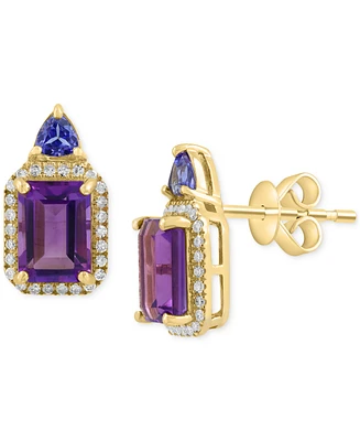 Effy Amethyst (2 ct. t.w.), Tanzanite (1/5 ct. t.w.), & Diamond (1/6 ct. t.w.) Halo Stud Earrings in 14k Gold