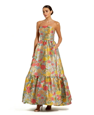 Mac Duggal Women's Strapless Brocade Floral Gown With Ruffle Hem