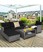 4 Pieces Patio Rattan Sofa Furniture Set with Cushion and 2-Tier Coffee Table