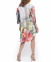 Terese Sydonna Women's Belted Floral Print Butterfly Sleeve Hi-Lo Charmeuse Dress