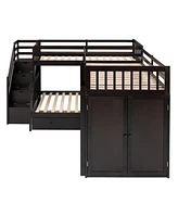 Twin-Twin over Full L-Shaped Bunk Bed w/ Desk & Wardrobe