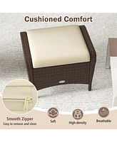 Set of 2 Outdoor Patio Pe Wicker Ottomans with Removable Cushions