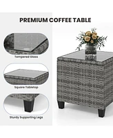 3-Piece Patio Rattan Roker Chairs with Tempered Glass Table and Soft Cushions