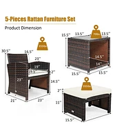 5 Pieces Patio Rattan Furniture Set with Ottoman and Tempered Glass Coffee Table-White