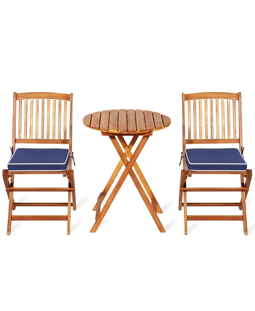 Gymax 3PCS Folding Acacia Wood Bistro Set Patio Conversation Set w/ Cushions