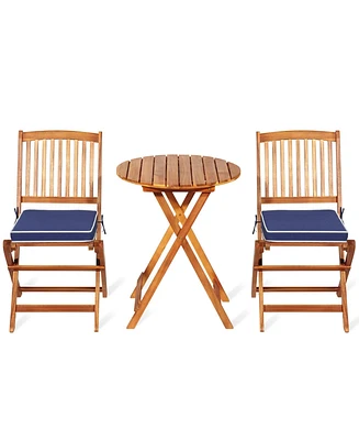 Gymax 3PCS Folding Acacia Wood Bistro Set Patio Conversation Set w/ Cushions