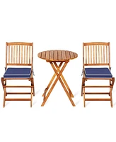 Gymax 3PCS Folding Acacia Wood Bistro Set Patio Conversation Set w/ Cushions