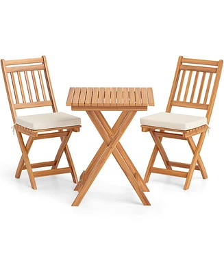 Outdoor Wood Bistro Set with Soft Seat Cushions and Table