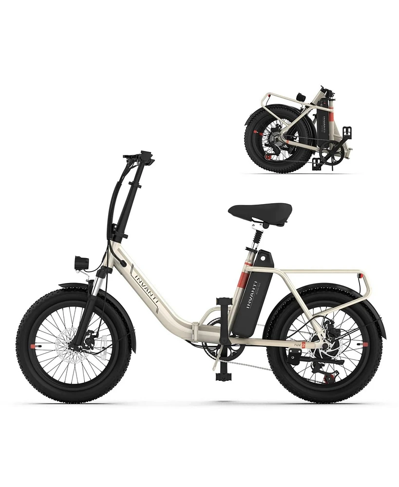 Off White Electric Bike, 20" Fat Tire Step-Thru Electric Bicycle, 900W Peak Motor 45 Miles 20MPH Top Speed, Dual Suspension & 7-Speed Folding Ebi