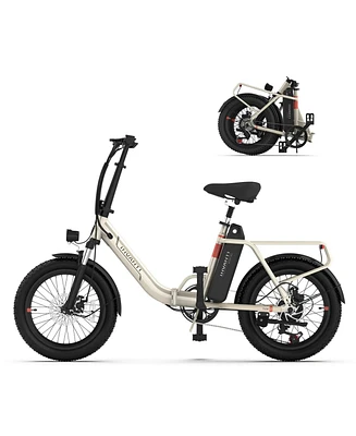 Off White Electric Bike, 20" Fat Tire Step-Thru Electric Bicycle, 900W Peak Motor 45 Miles 20MPH Top Speed, Dual Suspension & 7-Speed Folding Ebi