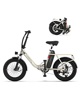 Off White Electric Bike, 20" Fat Tire Step-Thru Electric Bicycle, 900W Peak Motor 45 Miles 20MPH Top Speed, Dual Suspension & 7-Speed Folding Ebi