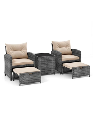 5 Piece Patio Rattan Furniture with 2 Ottomans and Tempered Glass Coffee Table