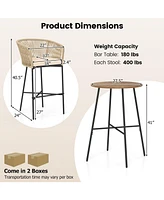 3 Pieces Rope Woven Patio Bar Set with Soft Cushions and Acacia Wood Tabletop