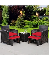 5 Pieces Patio Rattan Furniture Set with Ottoman and Tempered Glass Coffee Table