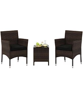 3 Pieces Outdoor Conversation Set with Cushioned Seat and Glass Tabletop-Black