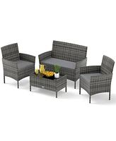 4 Piece Patio Rattan Conversation Set with Cozy Seat Cushions-Light Gray