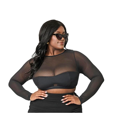 Unique Vintage Plus Mesh Long Sleeve Swim Top