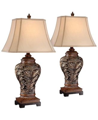 Traditional Table Lamps 32.5" Tall Set of 2 Bronze Brown Carved Leaf Openwork Vase Tan Rectangular Shade Decor for Living Room Bedroom House Beds