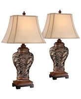 Traditional Table Lamps 32.5" Tall Set of 2 Bronze Brown Carved Leaf Openwork Vase Tan Rectangular Shade Decor for Living Room Bedroom House Beds