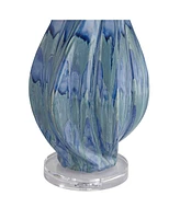 Teresa Modern Coastal Table Lamp 31" Tall Teal Blue Drip Ceramic Beige Fabric Drum Shade Decor for Bedroom Living Room House Bedside Nightstand H